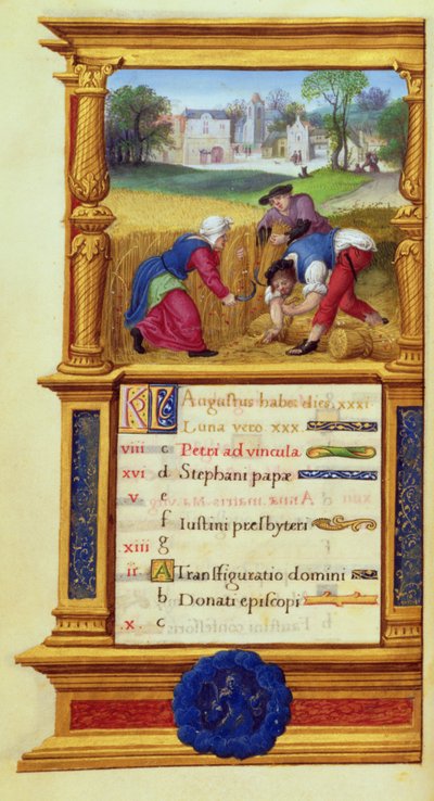 MS W.449 fol.9v Août moissonnant le blé, vers 1525 - Master Jean de Mauleon